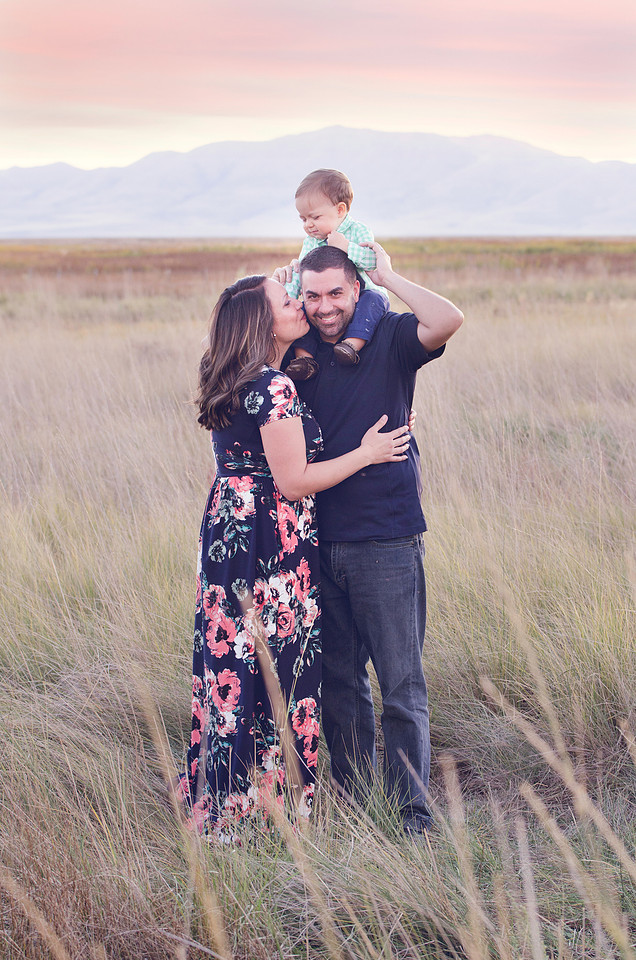 Family portrait of a mom, dad, and baby boy taken at dusk in a tall grassy field by Skylight Studio based out of Pocatello Idaho